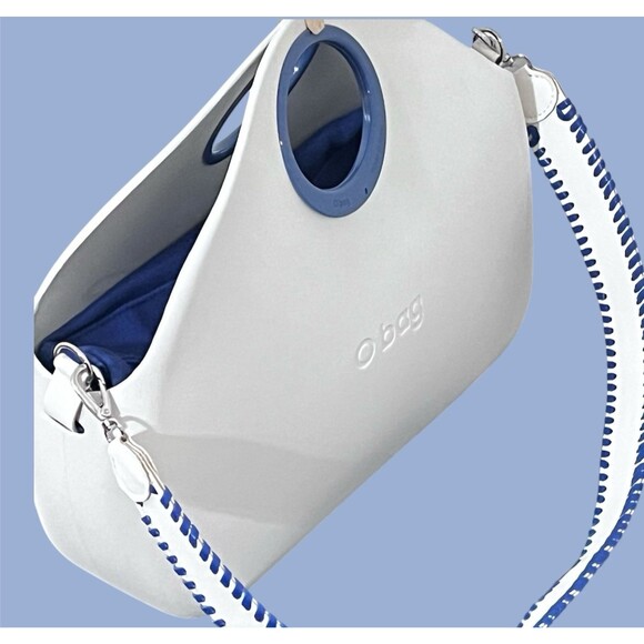 O bag Classic White Shell Blue Handles Liner Whipstitch Strap Modular Italy - Picture 7 of 16